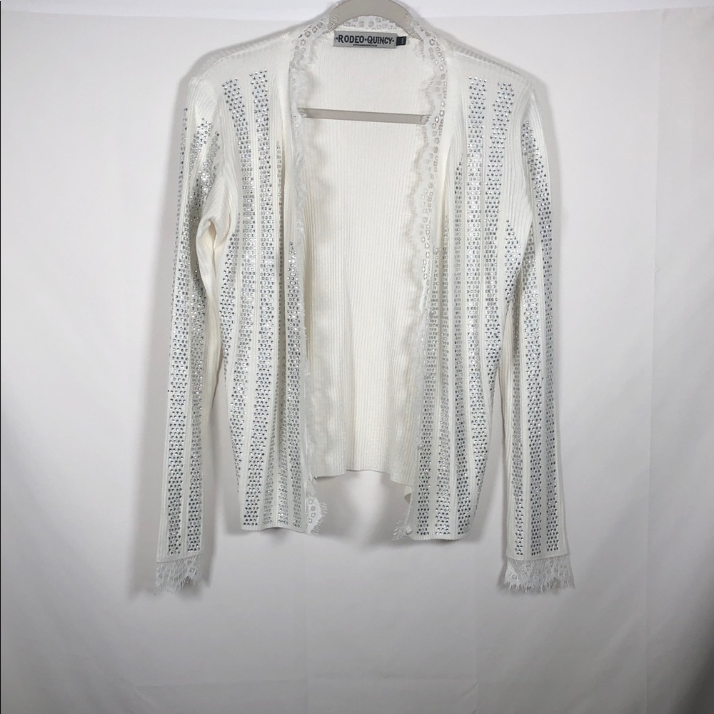 Rodeo Quincy White Sequin Lace Lined Festival Button Up Women's Sweater Cardigan